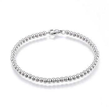 304 Stainless Steel Beaded Bracelets, with Lobster Clasp, Stainless Steel Color, 7-5/8 inch(195mm)x4mm