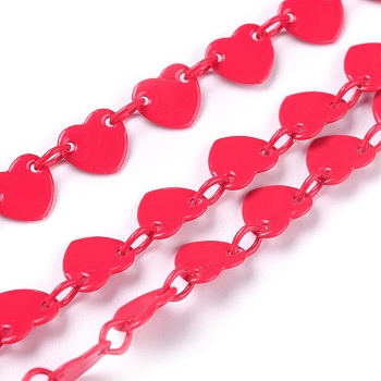 Spray Painted Brass Link Chains, with Spool, Soldered, Heart, Cerise, Heart: 6x6.5x0.4mm, Link: 4x3x0.5mm, 32.8 Feet(10m)/roll
