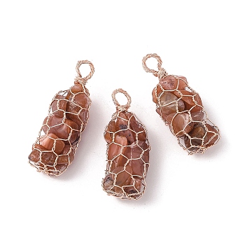 Rack Plating Copper Wire Wrapped Natural Red Agate Chip Big Pendants, Macrame Gems Charms, Cadmium Free & Lead Free, Rose Gold, Dyed & Heated, 45.5~56x17~20x17~22mm, Hole: 5~6.5mm