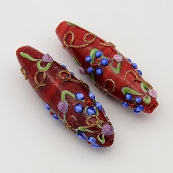 Handmade Bumpy Lampwork Rice Beads Strands, with Flower Pattern, Red, 40~45x13~15mm, Hole: 2mm, about 7pcs/strand, 12 inch