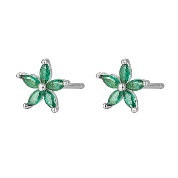 Cubic Zirconia Flower Stud Earrings, Silver 925 Sterling Silver Post Earrings, Medium Sea Green, 7.2mm