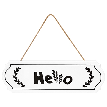 CREATCABIN Hello Sign Natural Wood Door Hanging Decoration for Front Door Decoration, with Jute Twine, Rectangle, White, 24.8cm, Rectangle: 9.6x29.7x0.8cm