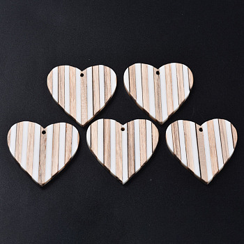 Stripe Resin & Wood Pendants, Heart, White, 37.5x39x3.5mm, Hole: 2mm