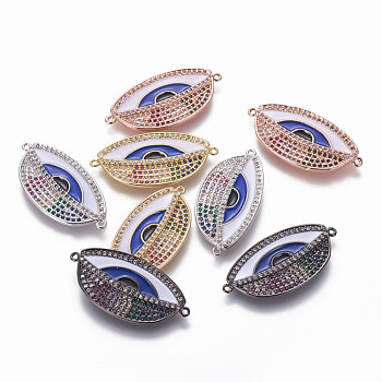 Brass Enamel Links, with Cubic Zirconia, Evil Eye, Colorful, Mixed Color, 15x31x2mm, Hole: 1mm
