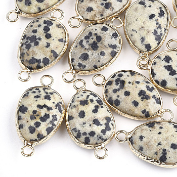 Natural Dalmatian Jasper Links connectors, with Brass Findings, Nickel Free, Faceted, teardrop, Golden, 27.5x14.5~15x6~6.5mm, Hole: 2mm