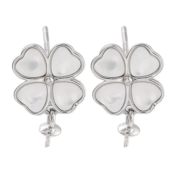 925 Sterling Silver with Shell Stud Earrings Findings, Clover Shape, Real Platinum Plated, 14.5mm, Pin: 0.6mm