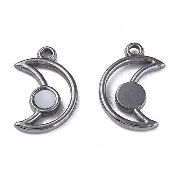 304 Stainless Steel Pendants, with Natural White Shell, Moon, Stainless Steel Color, 18x12x2mm, Hole: 1.8mm