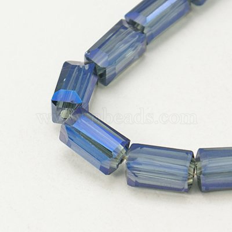 16" Strd Electroplate Glass Cuboid Beads Faceted Half Rainbow Plated Blue 8x4mm 