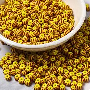 6/0 Opaque Colours Seep Glass Seed Beads, Round Hole, Round with Stripe Pattern, Gold, 3~4.5x3~4.5mm, Hole: 1.2~1.5mm, about 450g/bag(SEED-F003-04A-01)