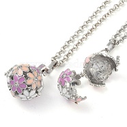 Brass Enamel with Rhinestone Pendant Necklaces, Iron Rolo Chains, Round with Flower Pattern, Platinum, Pearl Pink, 31.89 inch(810mm)(NJEW-G089-09A-02)