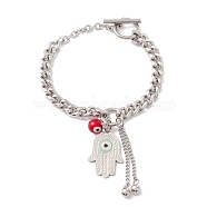 Round Lampwork & Hamsa Hand with Evil Eye Charm Bracelet with 304 Stainless Steel Chain for Women, Stainless Steel Color, 7-3/4 inch(19.8cm)(STAS-P304-17P)
