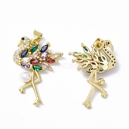 Rack Plating Brass Micro Pave Colorful Cubic Zirconia Charms, with Acrylic Bead, Long-Lasting Plated, Cadmium Free & Lead Free, Flamingo, Real 18K Gold Plated, 28x19x5.5mm, Hole: 4x3mm(ZIRC-C041-15G)