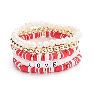 Handmade Polymer Clay Heishi Beads Stretch Bracelets Set, Love Word Acrylic Beads Bracelets, Natural Pearl & Synthetic Hematite Beads Bracelets for Women, Red, Inner Diameter: 2-1/8~2-3/8 inch(5.5~6cm), 5pcs/set(BJEW-JB07401-03)