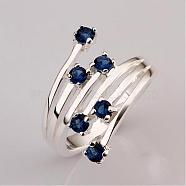 Simple Fashion Style Brass Hollow Cubic Zirconia Rings, Platinum, Prussian Blue, Size 8, 18mm(RJEW-EE0001-076P01-F)