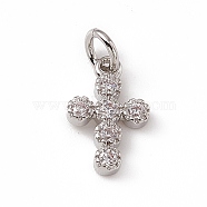 Brass Micro Pave Clear Cubic Zirconia Charms, with Open Jump Rings, Religion Cross, Platinum, 12x7.5x2mm, Jump Ring: 4.5x0.7mm, Inner Diameter: 3mm (ZIRC-F132-63P)