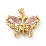 Brass Micro Pave Cubic Zirconia Pendants, Cadmium Free & Lead Free, Long-Lasting Plated, Butterfly, Real 18K Gold Plated, Pearl Pink, 16.5x23.5x6mm, Hole: 3.5x3.5mm(KK-B059-34G-E)