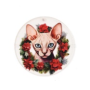 Christmas Theme Printed Acrylic Pendants, Cat with Christmas Wreath, PeachPuff, 47.5x2.5mm, Hole: 2mm(OACR-G043-04A)