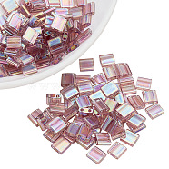 150Pcs Metallic Colours MIYUKI TILA Beads, 2-Hole, Iris, Rectangle, (TL256) Transparent Smoky Amethyst AB, 5x5x1.9mm, Hole: 0.8mm(SEED-NB0001-93C)