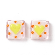 Handmade Lampwork Beads, Square with Heart Pattern, Misty Rose, 16x15x6mm, Hole: 1.8mm(LAMP-G147-01A)
