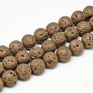 Electroplate Natural Lava Rock Beads Strands, Matte Style, Round, Copper Plated, 8x8.5mm, Hole: 1mm, about 48pcs/strand, 15.3 inch(G-T058-03F)