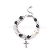 Natural & Synthetic Mixed Stone Beaded Bracelet with Cross Charm, 304 Stainless Steel Jewelry for Men Women, White, 7-5/8 inch(19.4cm)(BJEW-TA00184-02)