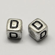 Antique Silver Plated Large Hole Acrylic Letter European Beads, Horizontal Hole, Cube with Letter.D, 6x6x6mm, Hole: 4mm, about 2950pcs/500g(PACR-Q099-01D)