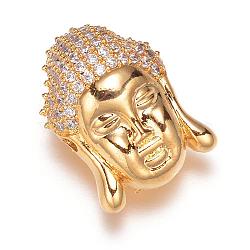 Buddha Head Brass Micro Pave Cubic Zirconia Beads, Golden, 18x13x11mm, Hole: 1.5mm(ZIRC-K015-03G)