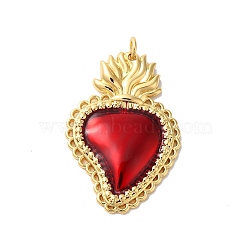 Rack Plating Brass Enamel Pendants, with Jump Ring, Cadmium Free & Lead Free, Long-Lasting Plated, Real 18K Gold Plated, Sacred Heart Charm, FireBrick, 34x23x3.5mm, Hole: 3.5mm(KK-G504-25B-03)