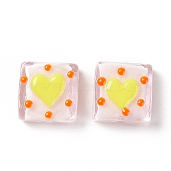 Handmade Lampwork Beads, Square with Heart Pattern, Misty Rose, 16x15x6mm, Hole: 1.8mm(LAMP-G147-01A)