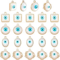 SUPERFINDINGS 32Pcs 4 Style Rack Plating Alloy Enamel Pendants, with Resin Imitation Cat Eye Cabochon, Cadmium Free & Nickel Free & Lead Free, Light Gold, Mixed Shapes, White, 17~20x12~19x5.5~6mm, hole: 1.4~1.8mm, 8pcs/style(FIND-FH0004-13)