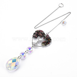 Natural Tourmaline Big Pendants, with Platinum Brass Chain Extender and Findings, Plating Glass Teardrop & Flower, Clear AB Color, Heart with Tree of Life, 130mm, Hole: 4mm(G-N333-008H)