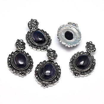 Synthetic Blue Goldstone Gothic Pendants, with Antique Silver Plated Zinc Alloy Rhinestone Findings, Oval, Lead Free & Nickel Free, Total Length: 47~48.5mm, Hole: 5x7mm, Oval Pendant: 39~40x27~27.5x7.5~9mm