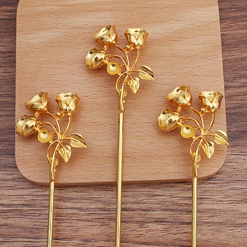Iron Hair Stick Findings, with Alloy Cabochons Setting, Rose Flower, Golden, 154x33mm, Tray: 4mm and 7mm
