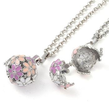 Brass Enamel with Rhinestone Pendant Necklaces, Iron Rolo Chains, Round with Flower Pattern, Platinum, Pearl Pink, 31.89 inch(810mm)