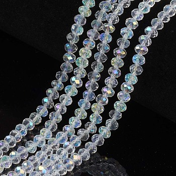 Electroplate Glass Beads Strands, Half Rainbow Plated, Faceted, Rondelle, Clear, 3x2mm, Hole: 0.8mm, about 150~155pcs/strand, 15~16 inch(38~40cm)
