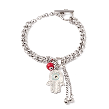 Round Lampwork & Hamsa Hand with Evil Eye Charm Bracelet with 304 Stainless Steel Chain for Women, Stainless Steel Color, 7-3/4 inch(19.8cm)