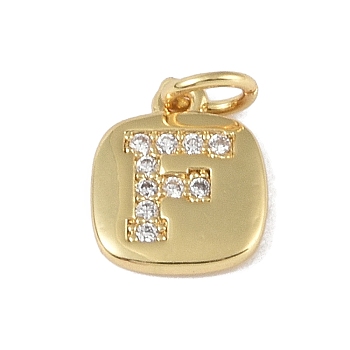 Rack Plating Brass Micro Pave CLear Cubic Zirconia Charms, with Jump Rings, Cadmium Free & Lead Free, Long-Lasting Plated, Real 18K Gold Plated, Letter F, 11.5x9x1.5mm, Hole: 2.8mm