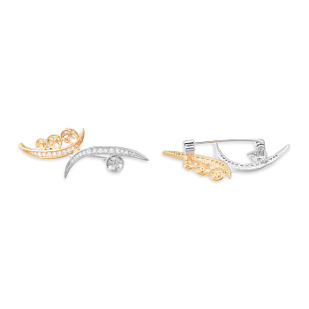 Brass Micro Pave Clear Cubic Zirconia Brooch Findings, For Half Drilled Beads, Leaf, Cadmium Free & Nickel Free & Lead Free, Real Gold Plated & Real Platinum Plated, 41x18mm, Pin: 0.9mm and 0.8mm(for half drilled bead)