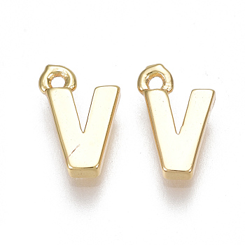 Brass Charms, Letter, Nickel Free, Real 18K Gold Plated, Letter.V, 8.5x5.5x1.5mm, Hole: 0.8mm