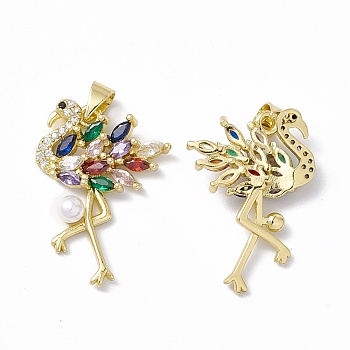 Rack Plating Brass Micro Pave Colorful Cubic Zirconia Charms, with Acrylic Bead, Long-Lasting Plated, Cadmium Free & Lead Free, Flamingo, Real 18K Gold Plated, 28x19x5.5mm, Hole: 4x3mm