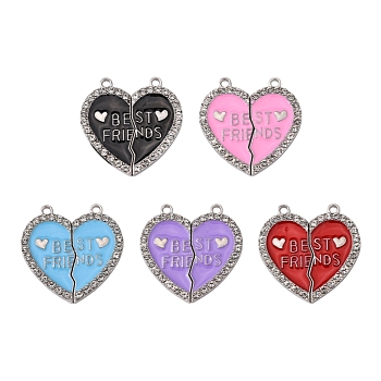5 Sets 5 Colors Alloy Enamel Split Pendant, with Rhinestone, Broken Heart with Word Best Friend, Mixed Color, 31.5x30.5x2mm, Hole: 2mm, 1set/color