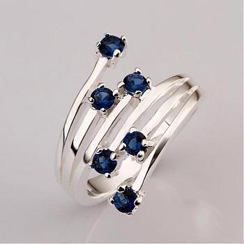 Simple Fashion Style Brass Hollow Cubic Zirconia Rings, Platinum, Prussian Blue, Size 8, 18mm