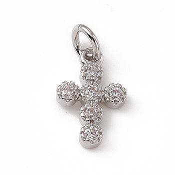 Brass Micro Pave Clear Cubic Zirconia Charms, with Open Jump Rings, Religion Cross, Platinum, 12x7.5x2mm, Jump Ring: 4.5x0.7mm, Inner Diameter: 3mm 