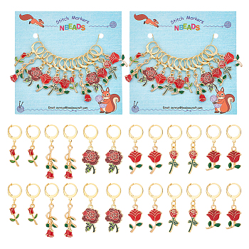 12Pcs 6 Style Valentine's Day Theme Alloy Enamel Rose Flower Charms Locking Stitch Markers, with Gold Tone 304 Stainless Steel Leverback Earring Findings, Crimson, 3.5~4.5cm, 2pcs/style