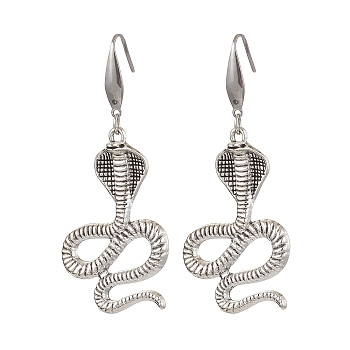 Alloy Dangle Earring, with Glass Beads and ABS Plastic 316 Surgical Stainless Steel Earring Hooks, Snake, Antique Silver & Stainless Steel Color, 67x27mm