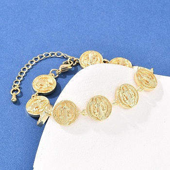 Flat Round with Saint Benedict Brass Link Chain for Women, Rack Plating, Long-Lasting Plated, Lead Free & Cadmium Free, Real 18K Gold Plated, 7-1/4 inch(18.5cm)
