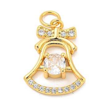 Rack Plating Brass Micro Pave Clear Cubic Zirconia Pendants, Long-Lasting Plated, with Jump Rings, Lead Free & Cadmium Free, Christmas Bell, Real 18K Gold Plated, 19x14x4mm, Hole: 4mm