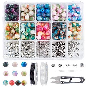 SUNNYCLUE DIY Stretch Bracelets Making Kits, Including Dyed Natural White Jade, Alloy Spacer Beads, Iron Beading Needles, Elastic Crystal Thread and Steel Scissors, Mixed Color, Jade Beads: 8mm, Hole: 1mm, 250pcs/set