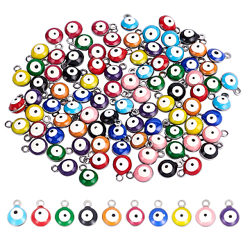 100Pcs 10 Colors 304 Stainless Steel Enamel Charms, Flat Round with Evil Eye, Stainless Steel Color, Mixed Color, 8.5x6x4mm, Hole: 1mm, 10pcs/color