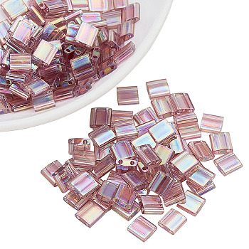 150Pcs Metallic Colours MIYUKI TILA Beads, 2-Hole, Iris, Rectangle, (TL256) Transparent Smoky Amethyst AB, 5x5x1.9mm, Hole: 0.8mm